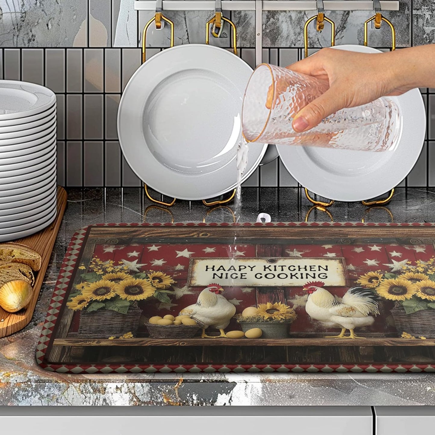 Vintage Rooster Dish Drying Mat Farmhouse Summer Sunflower Kitchen Dish Drying Pad Absorbent Fall Dish Dryer Mat for Kitchen Countertops Microfiber Dishes Drainer Pad Dish Drying Rack Mat (18x24 in)
