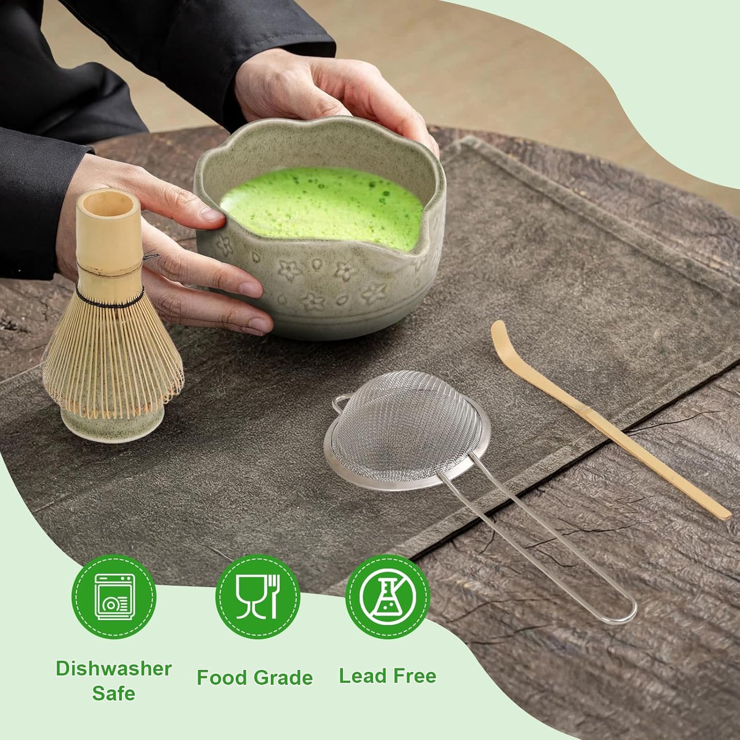 Premium Matcha Whisk Set - 6Pcs Japanese Tea Ceremony Kit with Ceramic Matcha Bowl and Whisk, Bamboo Scoop, Whisk Holder, Stainless Sifter, Birthday Christmas Gift for Matcha Lover