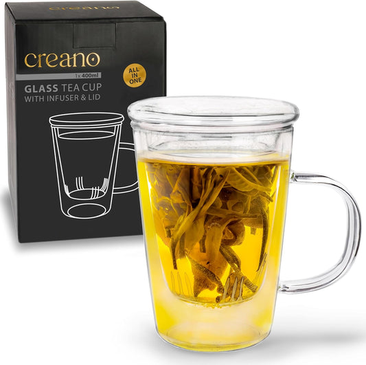 Creano Tea Glass 400 ml – Large Tea Cup with Strainer and Glass Lid – An ideal Tea Maker