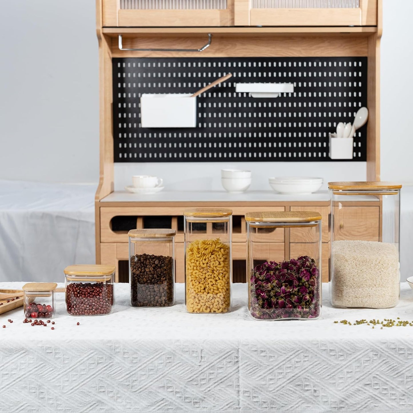 156oz 52oz Airtight Glass Square Storage Canister with Bamboo Lid Set of 2(4600ml*1 1550ml*1) Large Gallon Glass Jars for Sugar, Flour, Cookies and Coffee beans (‎with Black Lable)