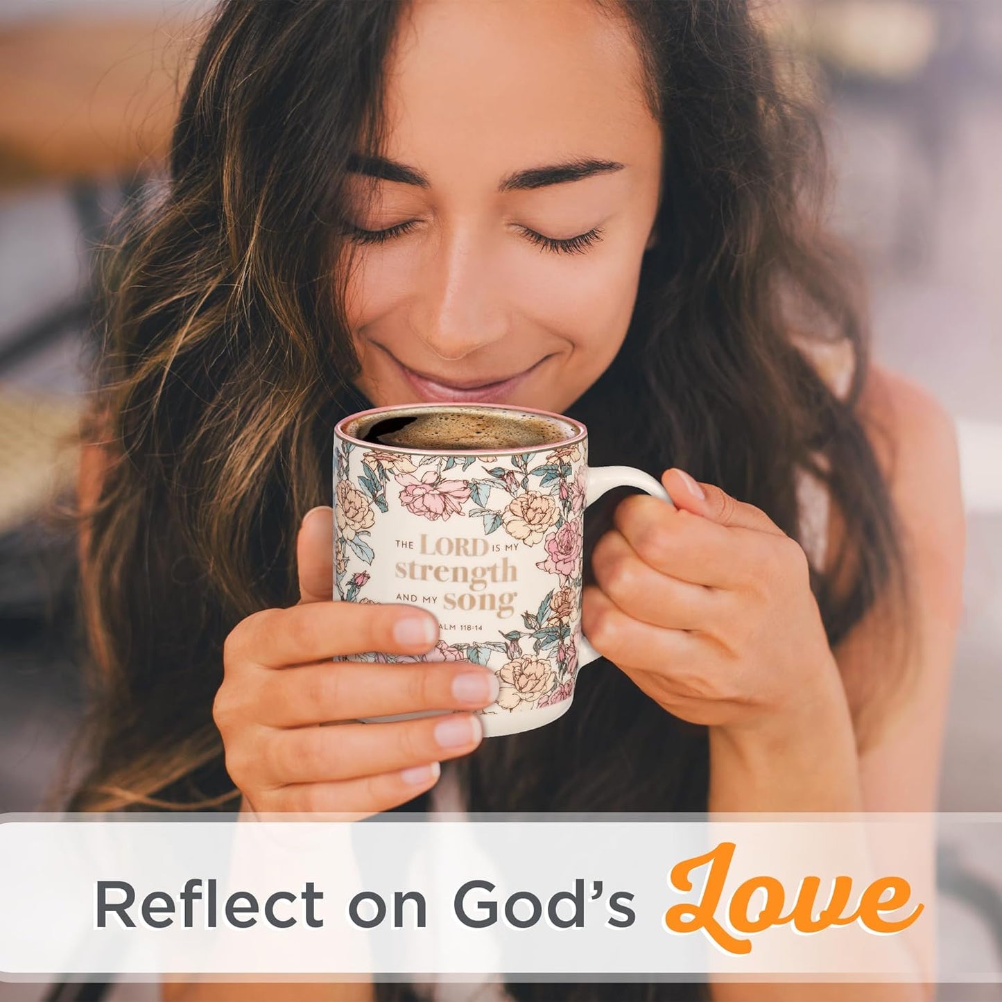 Christian Art Gifts Pink Floral Ceramic Coffee Mug – 14 oz. Lead and Cadmium-free Non-toxic Inspirational Scripture Coffee and Tea Mug for Women with Bible Verse: My Strength and My Song –Psalm 118:14