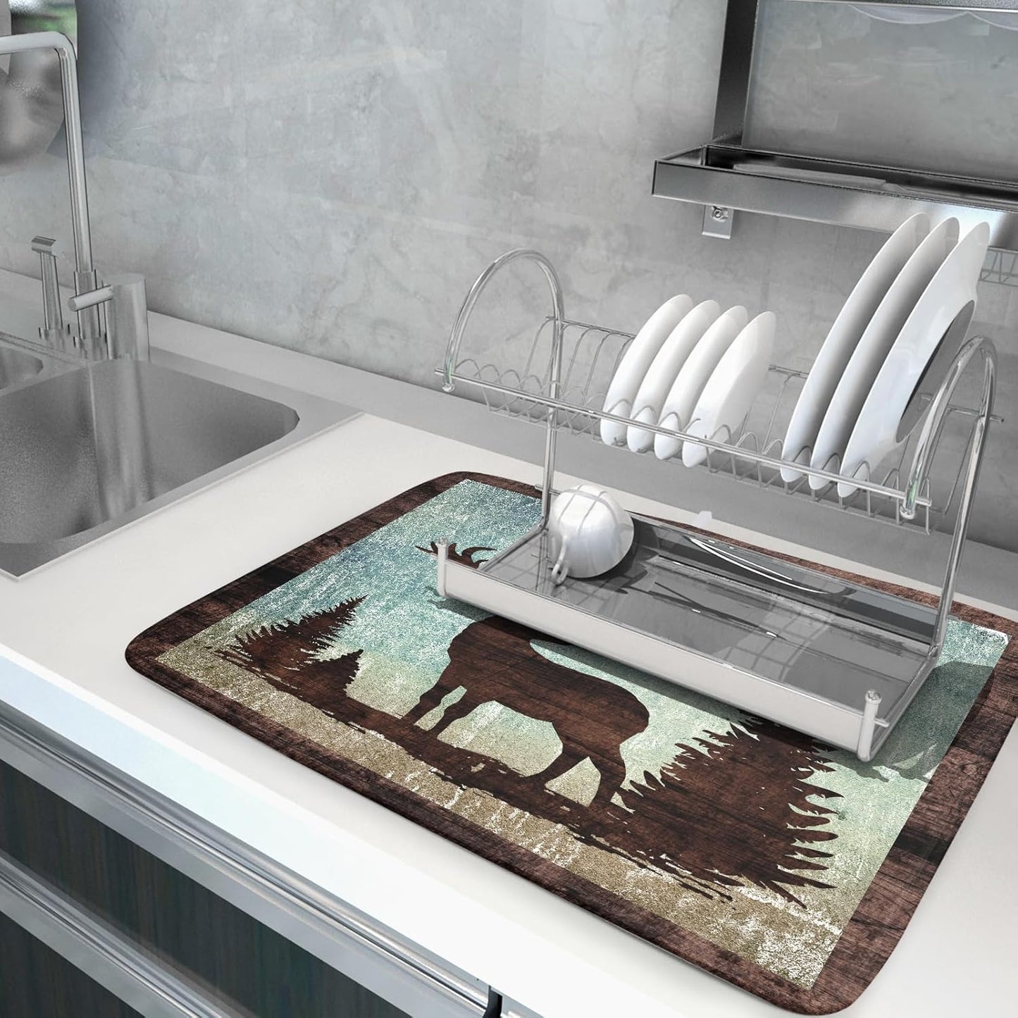 Retro Deer Forest Cabin Silhouette Dish Drying Mat Countertop 18x24 Fall Blue Sky Cloud Cartoon Elk Wild Animal Bushes Drainer Mat Pine Tree Grass Dishes Pad Rustic Moose Dish Drainer Rack