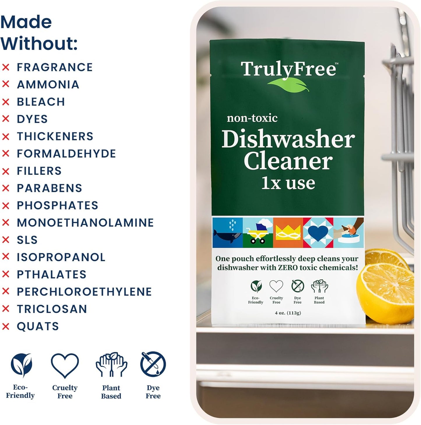 Natural Dishwasher Cleaner - Dish Washer Machine Descaler, Fights Grease & Limescale, Hard Water Stain Remover, Smell Eliminator for Clean Dishwashers - Lemon Fresh Scent, 4 oz (Pack of 1)