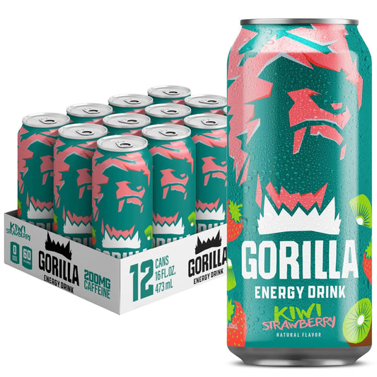 Gorilla Energy Drink, Kiwi Strawberry, 200mg Natural Caffeine, Real Fruit Juice Squeezed & Concentrated, L-Theanine, Taurine, Ginseng, Acetyl L-Carnitine, No Added Sugar and No Artificial Colors, 12 Pack
