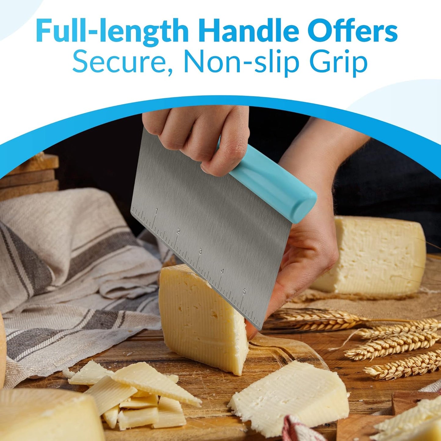 Rainspire Bench Scraper, Stainless Steel Dough Scraper, Pastry Scraper, Pizza and Dough Cutter Multi-Purpose Scraper/Chopper, Pizza Cutter Food Chopper Baking Supplies Kitchen Gadgets, Blue