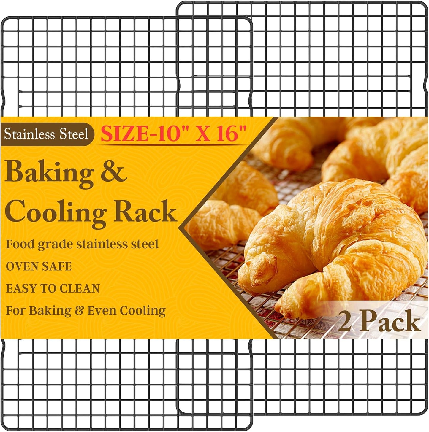 2PCS Cooling Racks for Cooking and Baking - 10" x 16"Heavy Duty Stainless Steel Wire Rack for Baking, Grilling, Roasting - Oven & Dishwasher Safe - Fits Half Sheet Pan（Black）