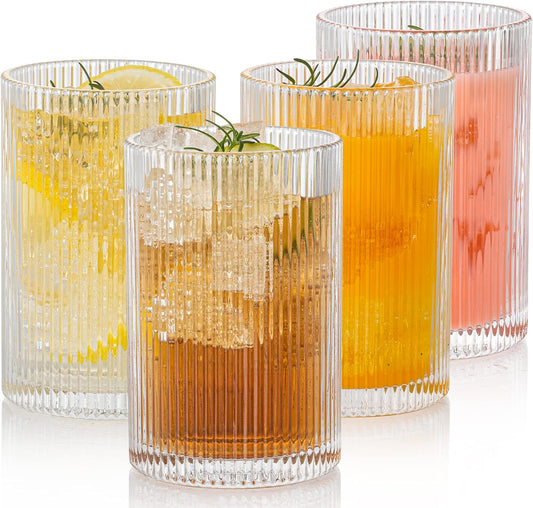 Vintage Ribbed Glassware Set: 4pcs 16.9oz XL Drinking Glasses, Fluted Ripple Drinkware, Origami Style, Elegant Glassware for Whiskey, Cocktail, Iced Coffee, Juice, Beer, Soda
