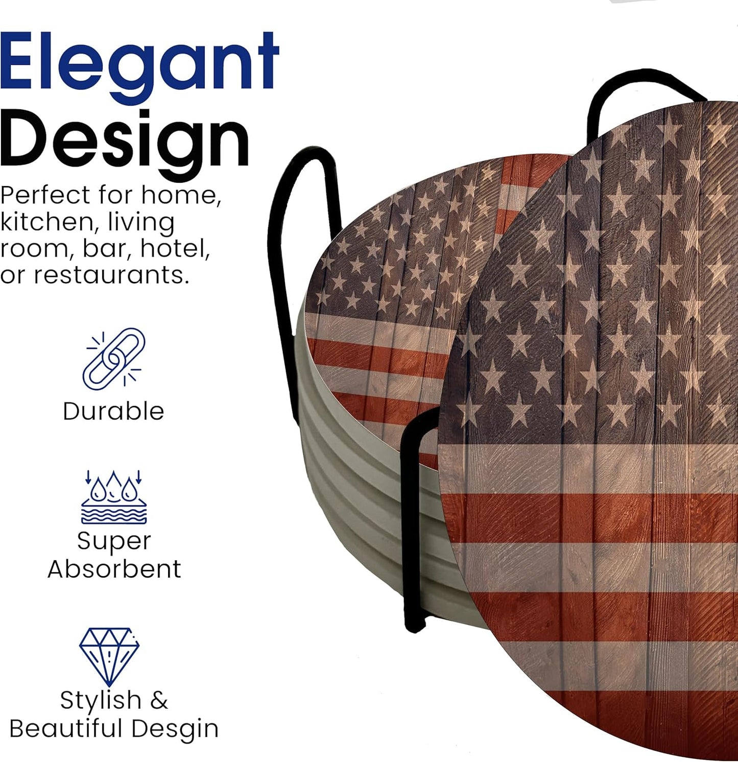 USA American Flag United States Round Coasters Set of 6 - Abosrbent Ceramic with Metal Stand for Drinks, Coffee, Non-Slip Cork Back for Tabletop Protection, 4 Inches (Wood)