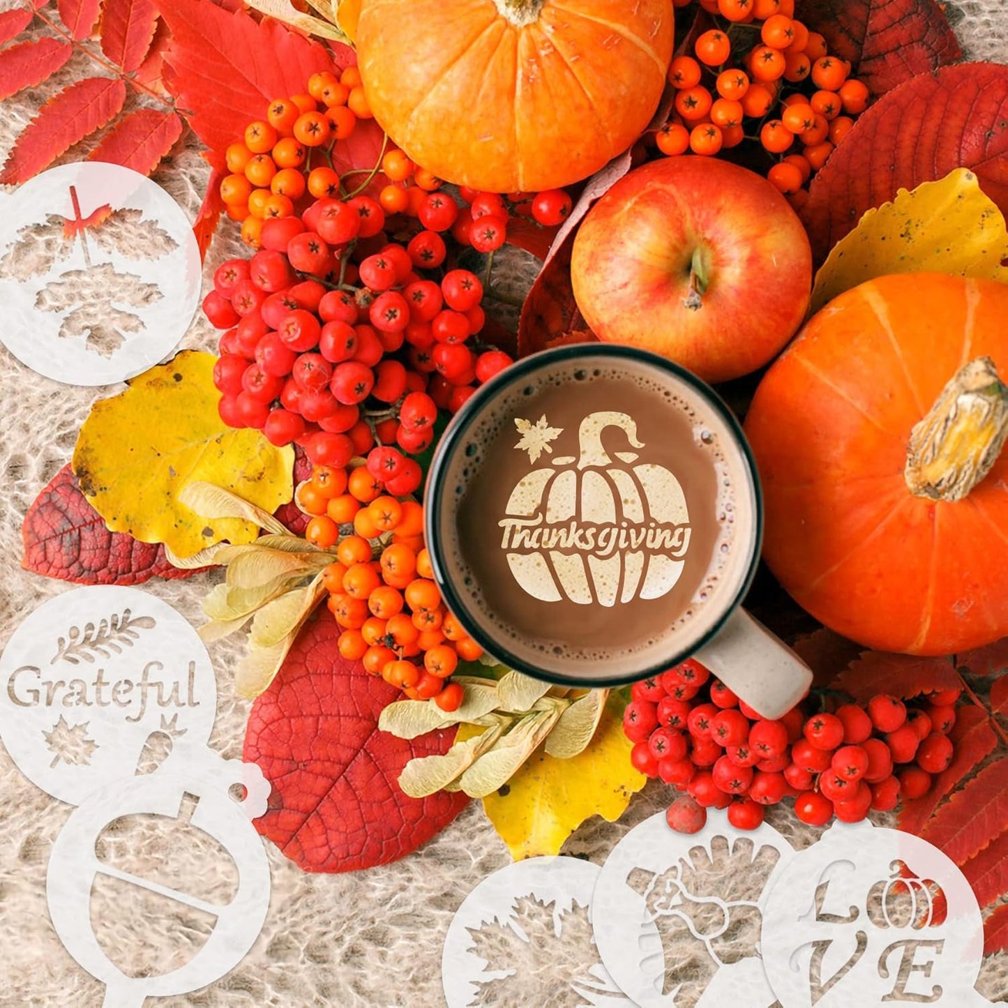 JULBEAR 36 Pieces Thanksgiving Stencils Fall Reusable Cookie Cake Stencils Templates Mold Tools for Decorating Autumn Holiday Cake DIY Baking Painting Dessert Coffee Decoration