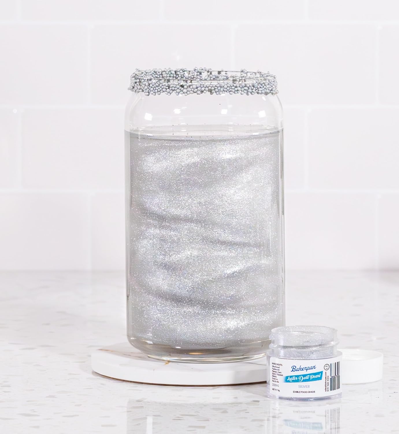 Bakerpan Pearl Luster Dust Edible, Silver Edible Glitter for Cocktails, 4 Grams Edible Glitter for Cake Decorating, Cookies, Chocolates and Candies, Drinks (Made in USA)