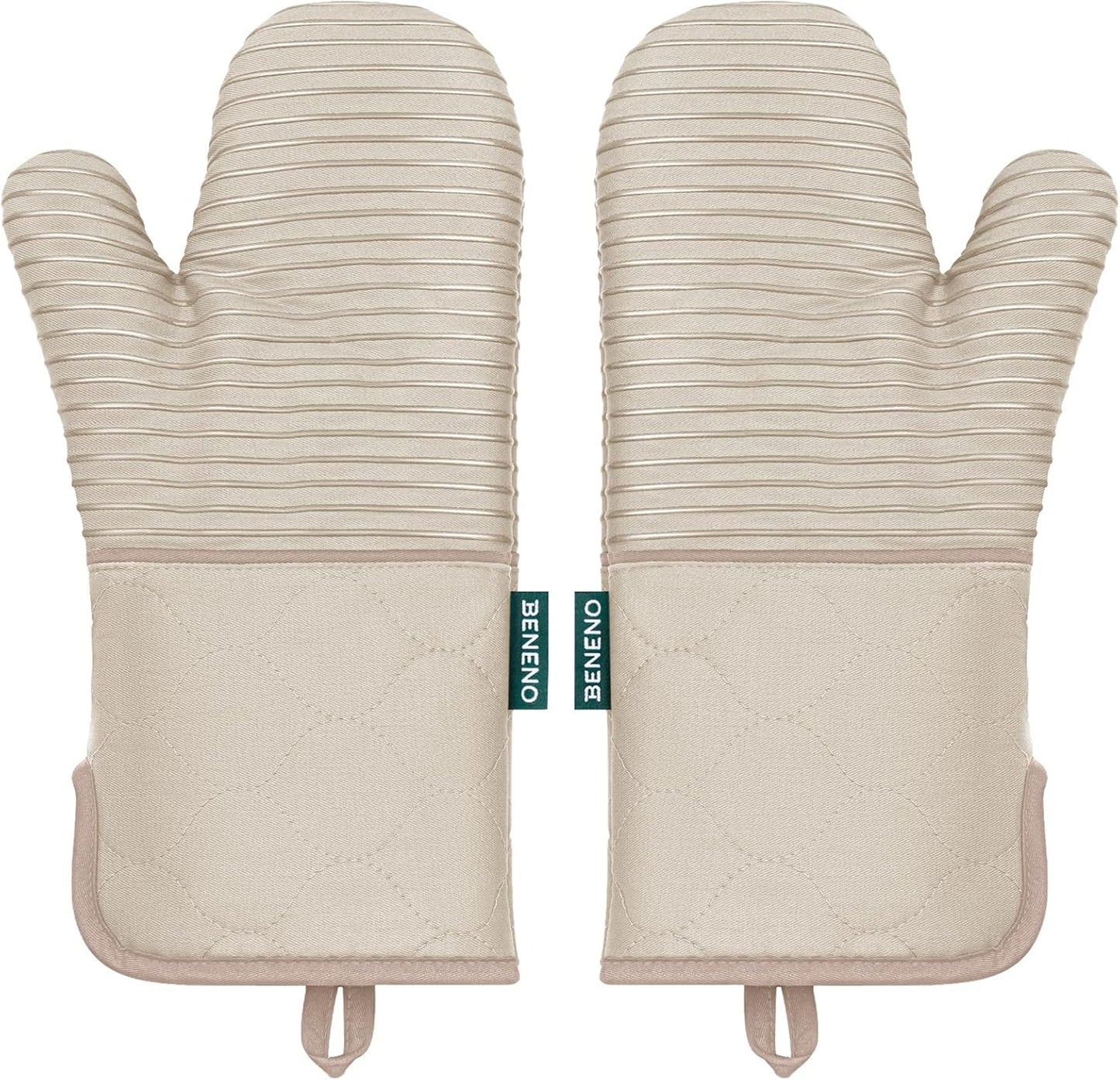 Beneno Kitchen Oven Mitts 2-Pack Heat Resistant to 500°F with Non-Slip Silicone Grip, Extra Long 14.3" Forearm Protection, Soft Quilted Cotton Terry Lining, Ideal for Cooking, Baking, Grilling, Beige
