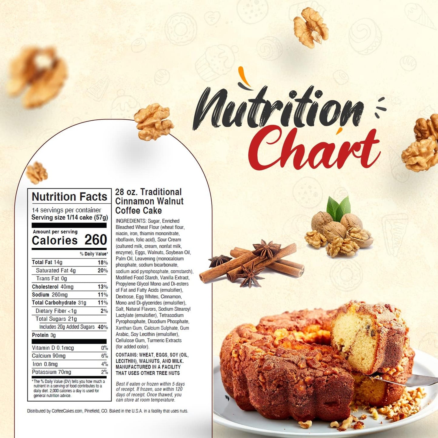 Traditional Cinnamon Walnut Coffee Cake - Cinnamon Streusel and Chopped Walnuts Toppings - Delicious Recipe of Coffee Cakes for Special Occasions - 1.75 Pounds