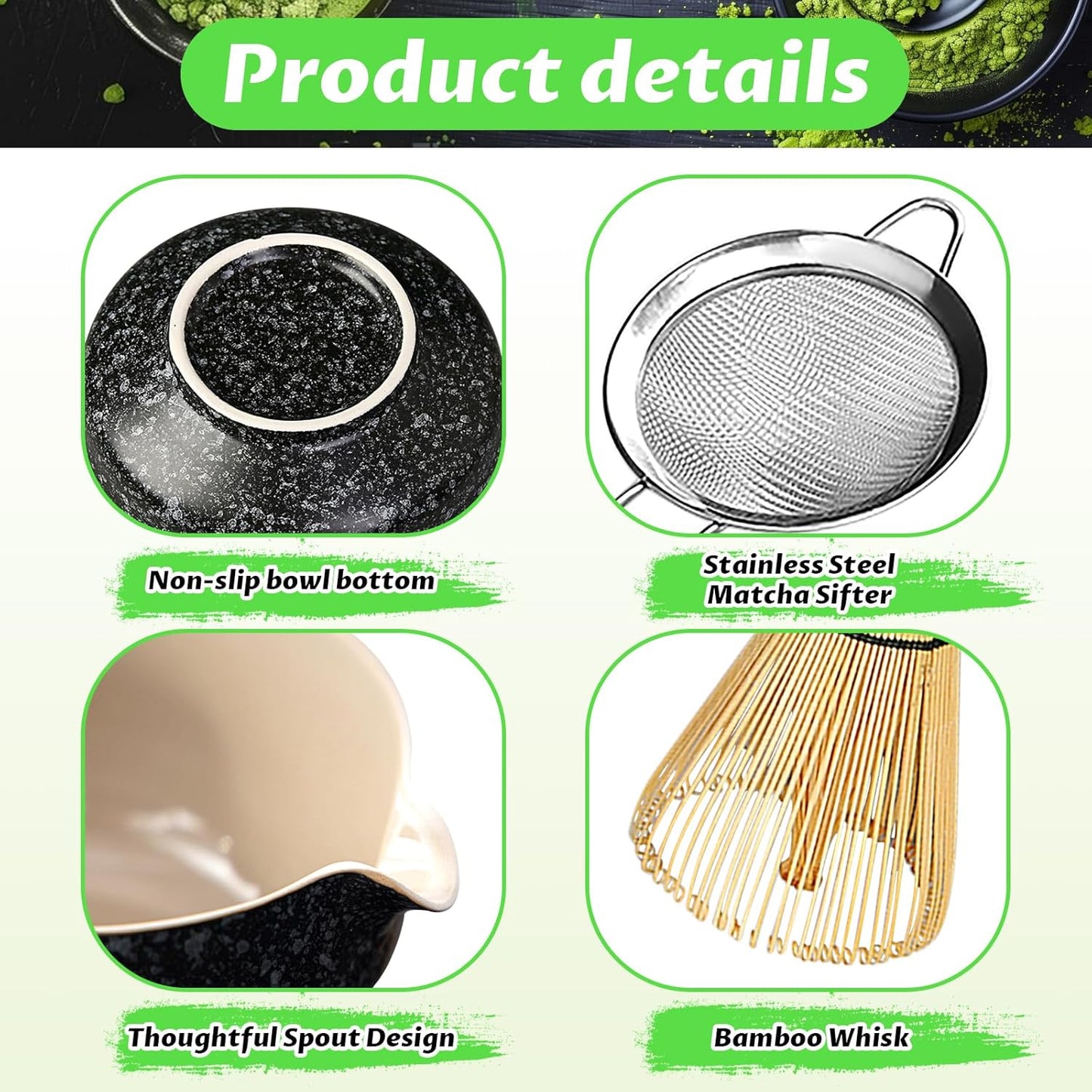 Matcha Set, 6 Pcs Matcha Whisk Set with 20 oz Bowl, Bamboo Whisk for Matcha Tea, Matcha Bowl, Ceramic Matcha whisk Holder, Stainless Sifter and Scoop - Gift for matcha kit Lovers（Black）