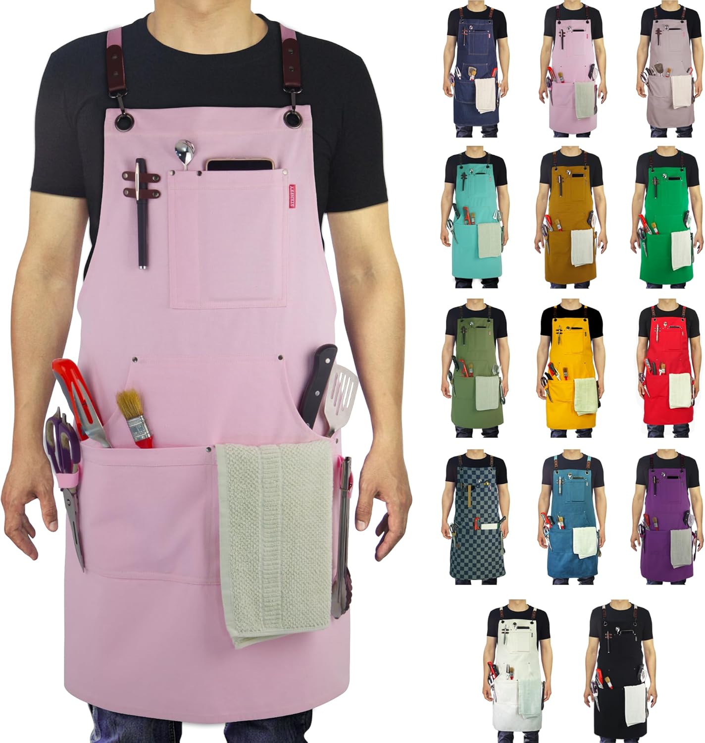 Kitchen Apron, Work Apron, Canvas, Multiple Pockets, Gardening, Painting, BBQ, Artist, Carpenter, Sizes M to XXL, Pink