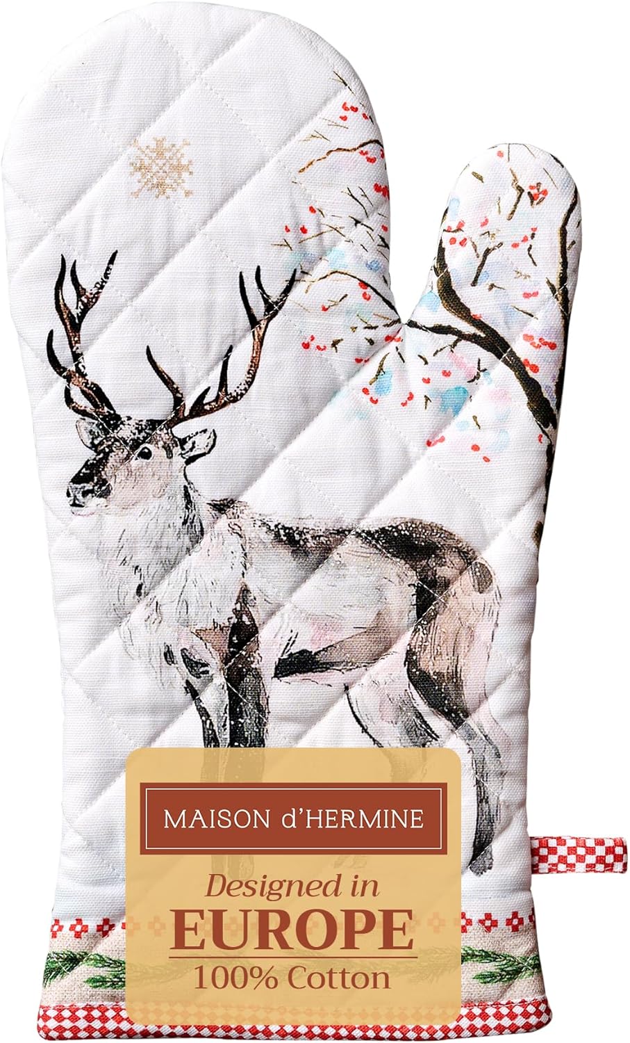 Maison d' Hermine Oven Gloves 100% Cotton Oven Mitt 7" x 13" with Loop Heat Resistant, BBQ, Cooking Gloves, Baking, Grilling, Kitchen, Handling Hot Pans (Pack of 1, Rural Christmas)