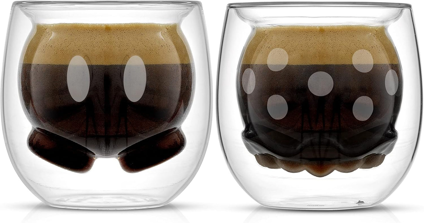 JoyJolt Mickey Pants and Minnie Skirt 3D 2oz Espresso Cups. Double Walled Espresso Glasses (2pc) Small Double Wall Glass Coffee Cups. Demitasse Cups, Espresso Measuring Cup or Liqueur Shot Glasses