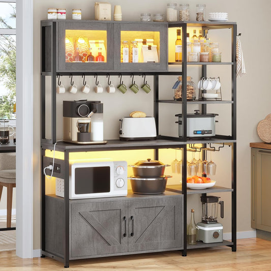 Itaar Bakers Rack with Power Outlet and LED Light, 45.3 Inch Farmhouse Coffee Bar Cabinet, Kitchen Microwave Stand with Storage, Glass Cabinet, Goblet Holder and 8 Hooks (Grey)