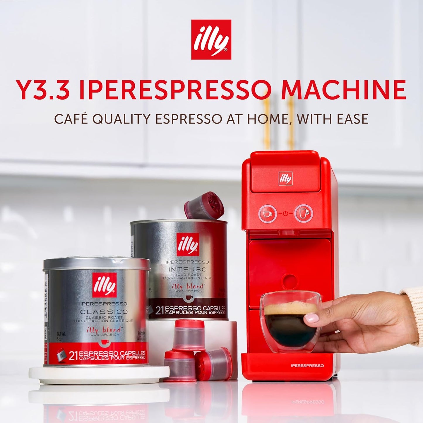 Illy Y3.3 Espresso Machine, Single Serve Coffee Machine for IperEspresso Capsules, Single Cup Espresso Maker (Red)