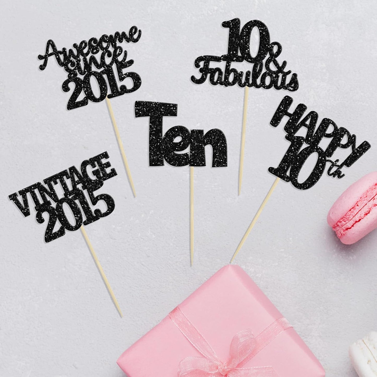 Gyufise 30Pcs Vintage 2015 Cupcake Toppers Glitter Ten Happy 10th Cupcake Picks Cheers to 10 Years Birthday Cake Decorations for Happy 10th Birthday Anniversary Party Supplies Black