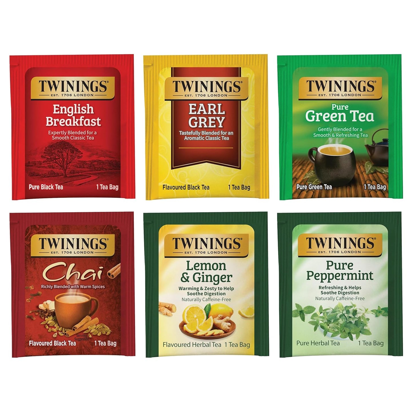 Twinings Variety Pack Tea Bags, 25 Count (Pack of 6) Includes English Breakfast, Earl Grey, Lemon Ginger, Peppermint, Green, and Chai, Enjoy Hot or Iced, 150 Teabags