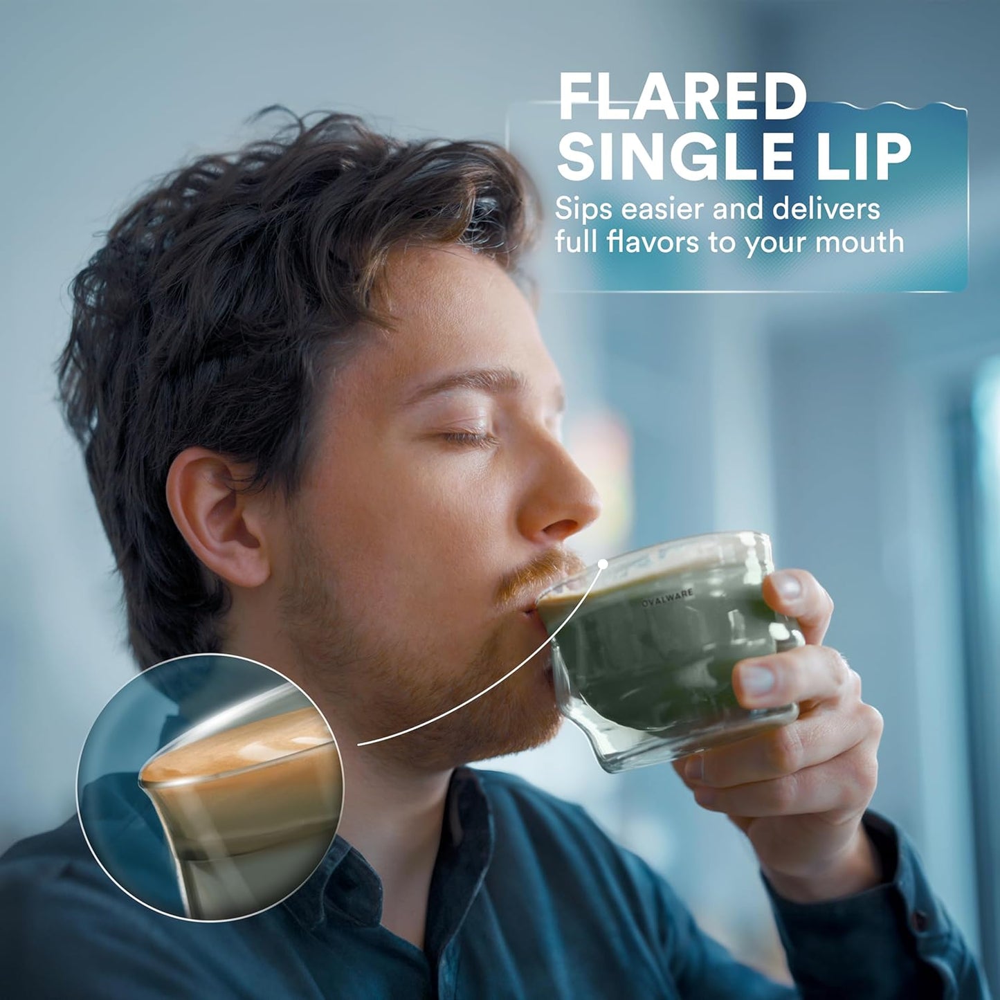 ovalware 8.5oz Double Wall Latte Cups, Latte Set of 2 - Latte Glasses for Cold & Hot Drink, Palm-Sized Cups with Wide Rim for Artistic Designs - Stealth Gray