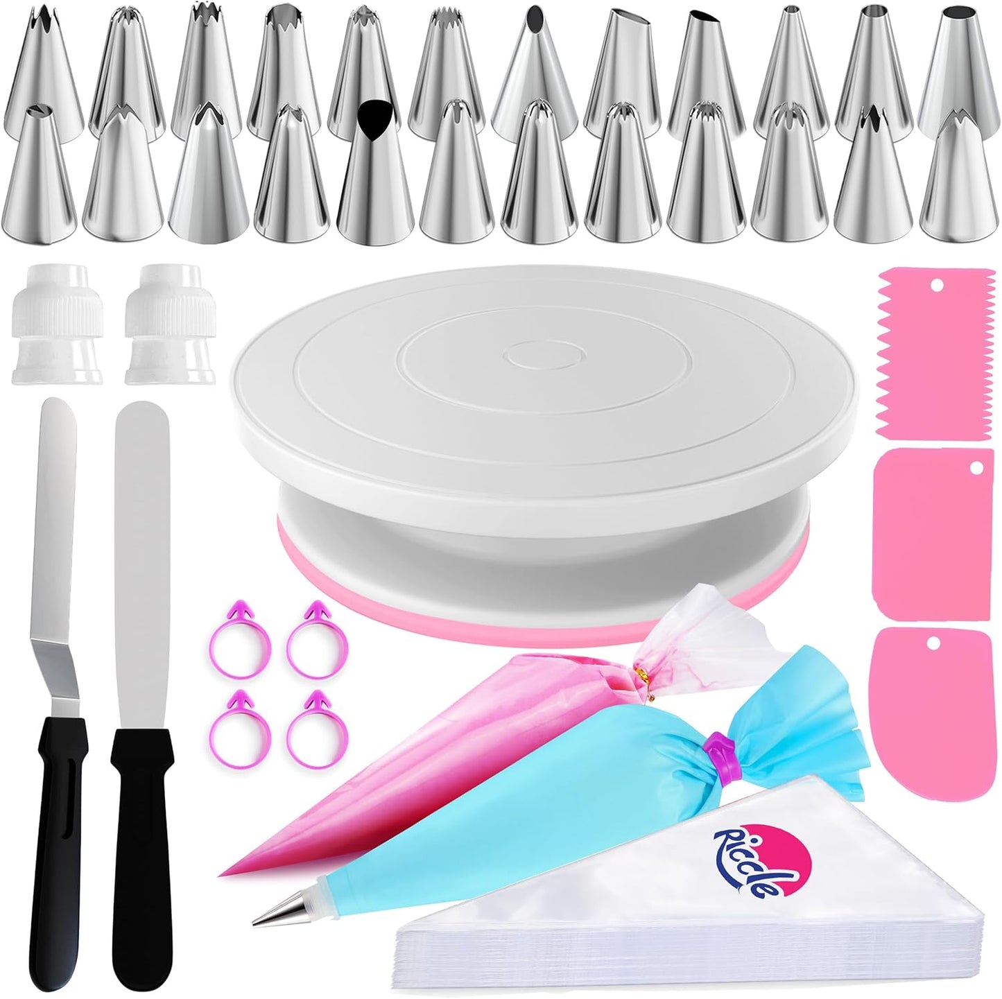 Riccle 88 pcs Cake Decorating Kit with Pink Cake Turntable - Includes 50 Disposable + 2 Reusable Piping Bags and Tips Set, 24 Icing Piping Tips, 2 Spatulas, 3 Icing Comb Scraper, Baking Supplies