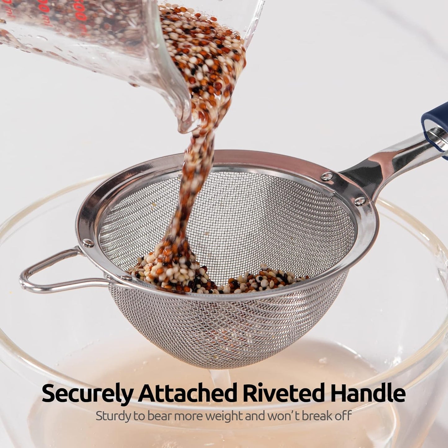 18/8 Stainless Steel Mesh Strainer: U-Taste 3.9 Inch Kitchen Fine Mesh Sieve Food Colander with Riveted Sturdy Silicone Handle and 30 Mesh Hole for Straining Flour, Quinoa, Tea, Juice (Midnight Blue)