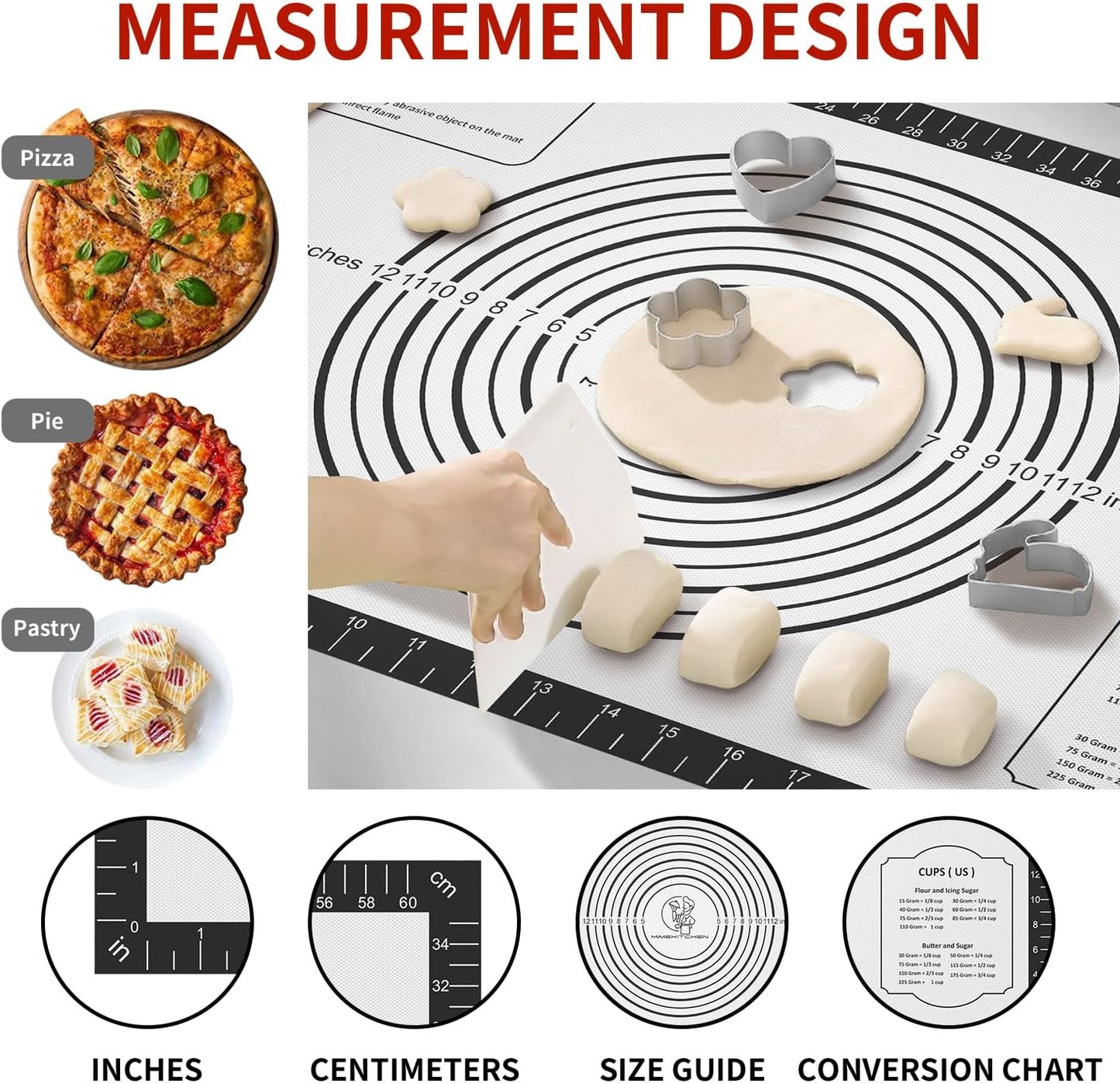 Non-stick Pastry Mat, Silicone Baking Mat with Measurement, Extra Large Silicone Mat for Baking Cookie Pie Bread Pizza Oven Reusable & Dishwasher Safe
