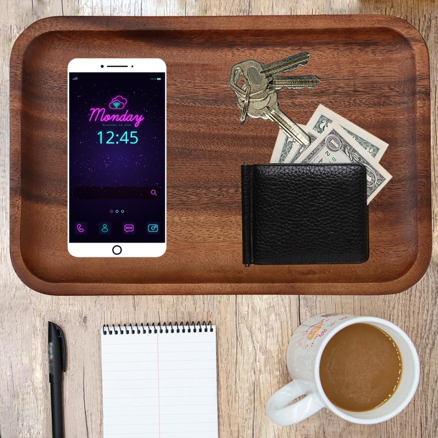 Serving Acacia Wood Valet Tray for Men Women, Catch All Acacia Mens Key Dump Bedside Nightstand Organizer EDC Decorative Wooden Tray for Phone Watch Wallet Keys Jewelry