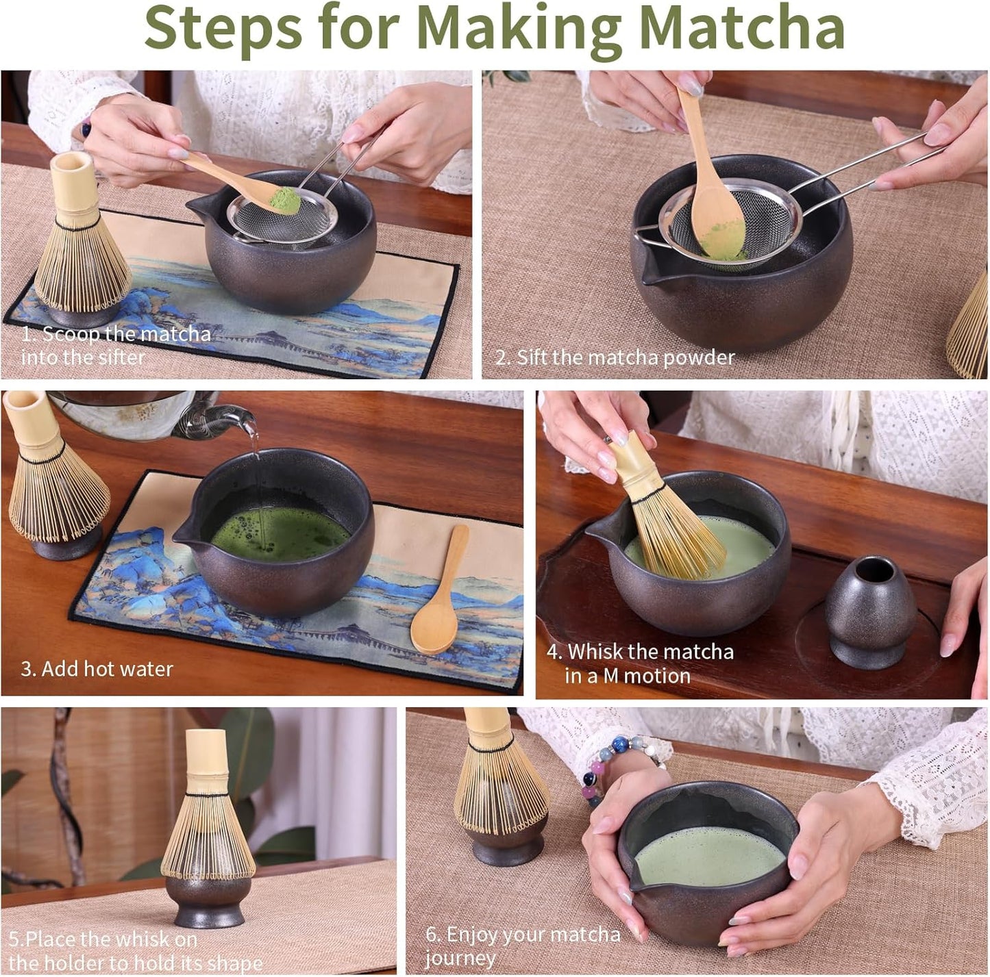 Japanese Matcha Whisk Set - 6-Piece Kit with Bamboo Chasen, Matcha Ceramic Bowl with Spout, Stainless Steel Sifter Gold Black