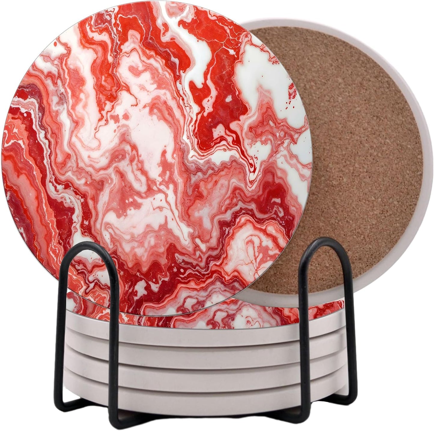Light Red Agate Marble Round Coasters Set of 6 - Abosrbent Ceramic Coasters with Metal Stand for Drinks, Coffee, Non-Slip Cork Back for Tabletop Protection, 4 Inches Marbled Pattern (Light)