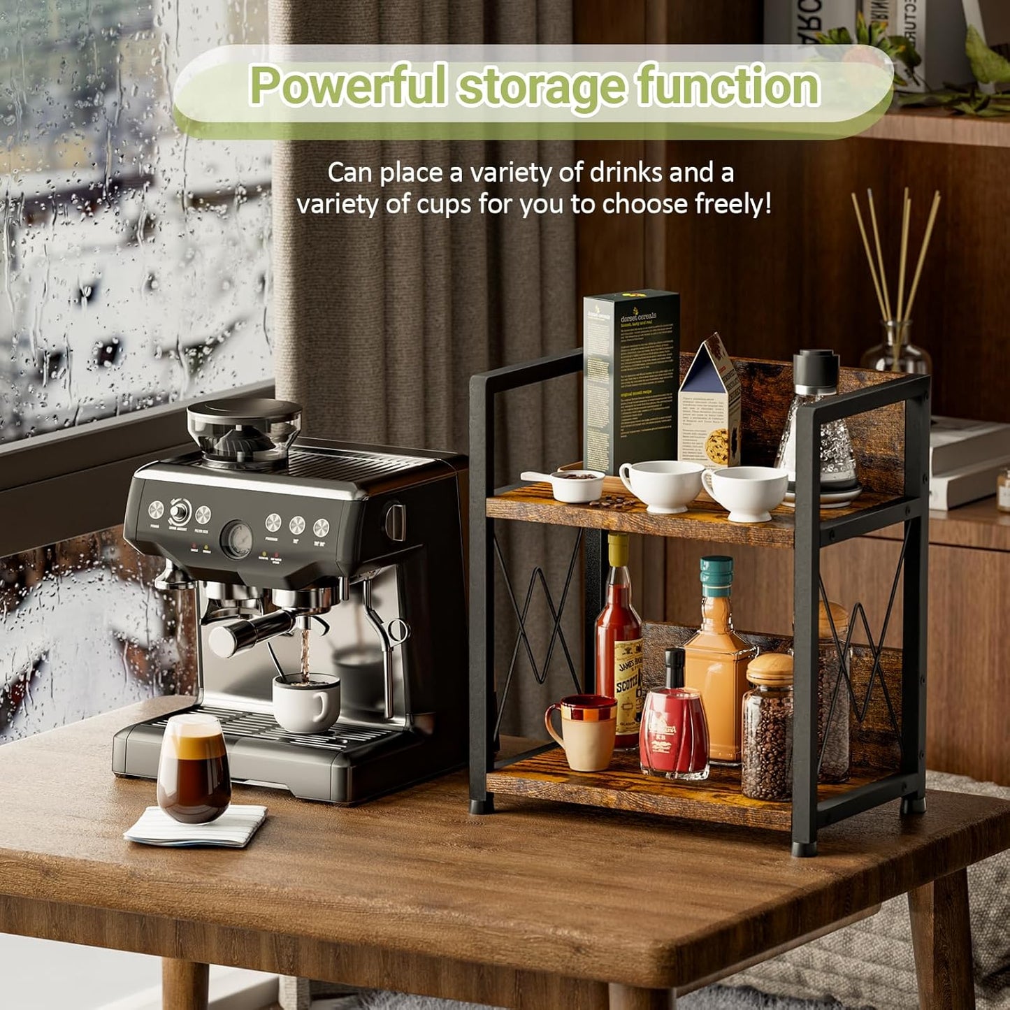 Aduanbang Coffee Bar Accessories Organizer, 2 Tier Wooden Kitchen Counter Shelf, Coffee Organizer Station for Countertop, Condiment Rack for Mugs, Cups, Cream, Syrup