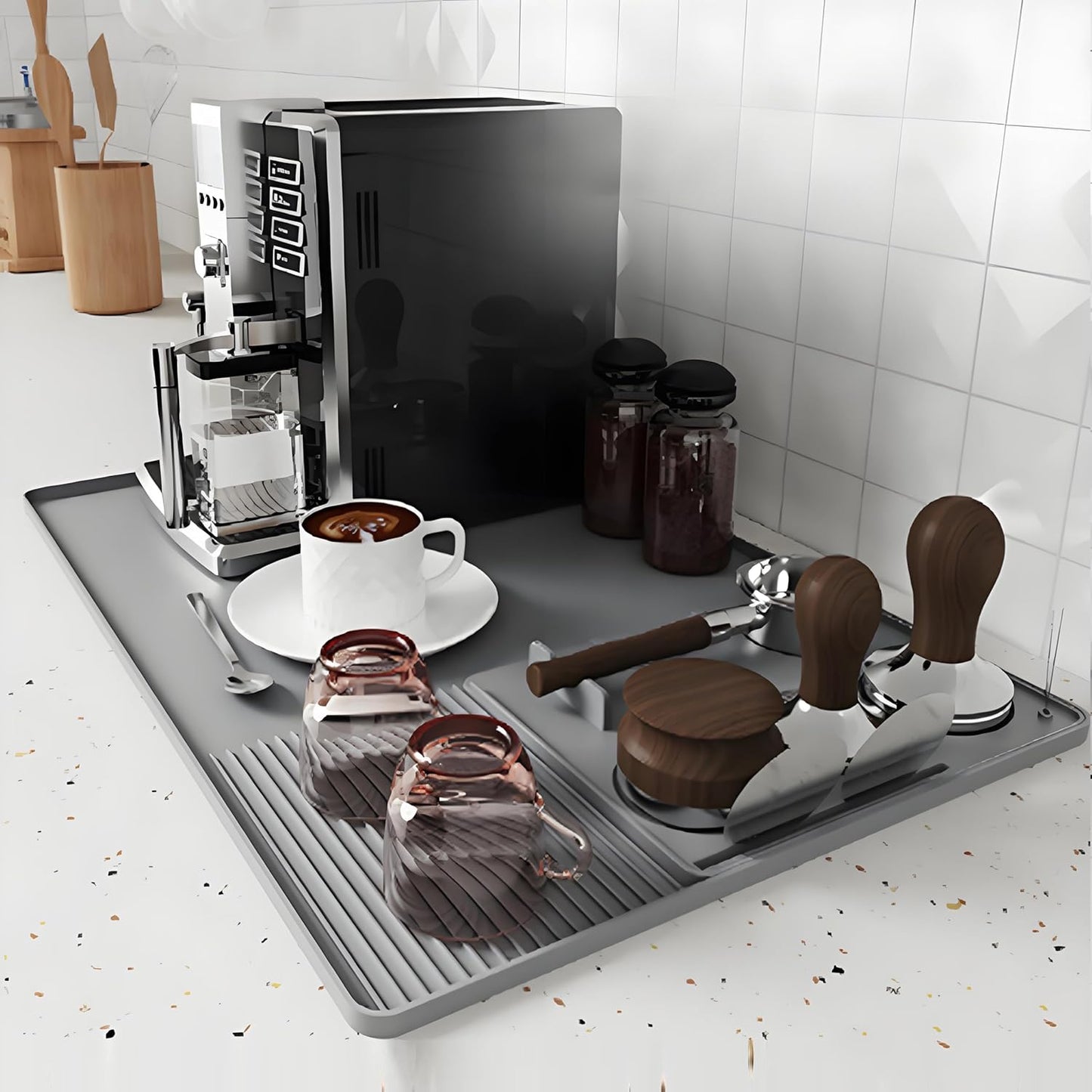 Silicone Coffee Mat With Espresso Tamping Mat,Leak-Proof and Non-Slip,Suitable for Kitchen Station Pad Accessories Fits Under Coffee Maker & Dish Rack to Keep the Countertop Clean-Gray