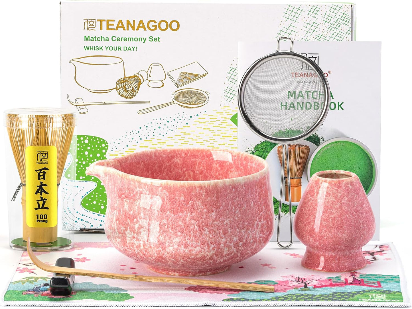 TEANAGOO Matcha Whisk Set,7 Pcs Matcha Set Pink for Making Latte,Ceramic Bowl(chawan) whith Spout and Whisk,Gift for Friend/Family