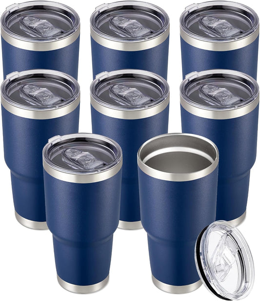 30 oz Tumbler with Lid Stainless Steel Tumblers Bulk Vacuum Insulated Cup Reusable Powder Coated Travel Mug Double Wall Leak Proof Cups Keep Cold Drinks for 12 Hours Navy, Set of 8