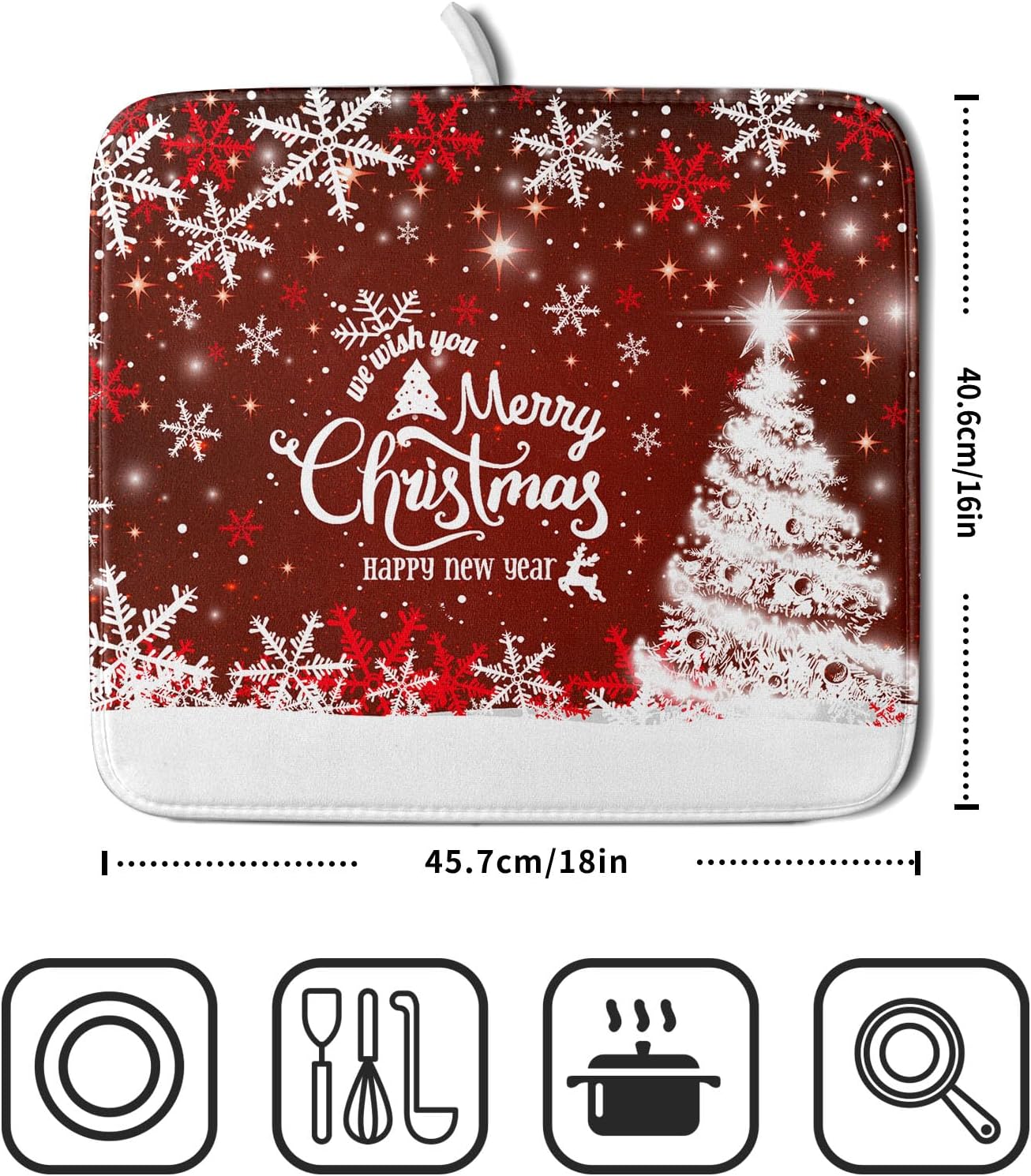 Happy New Year Red Dish Drying Mat for Kitchen Counter,Merry Christmas Tree Snowflake Drying Mat 16 x 18 Inch with High Absorbent Reversible Microfiber Dish Drying Pad Drainer Mat for Coffee Bar