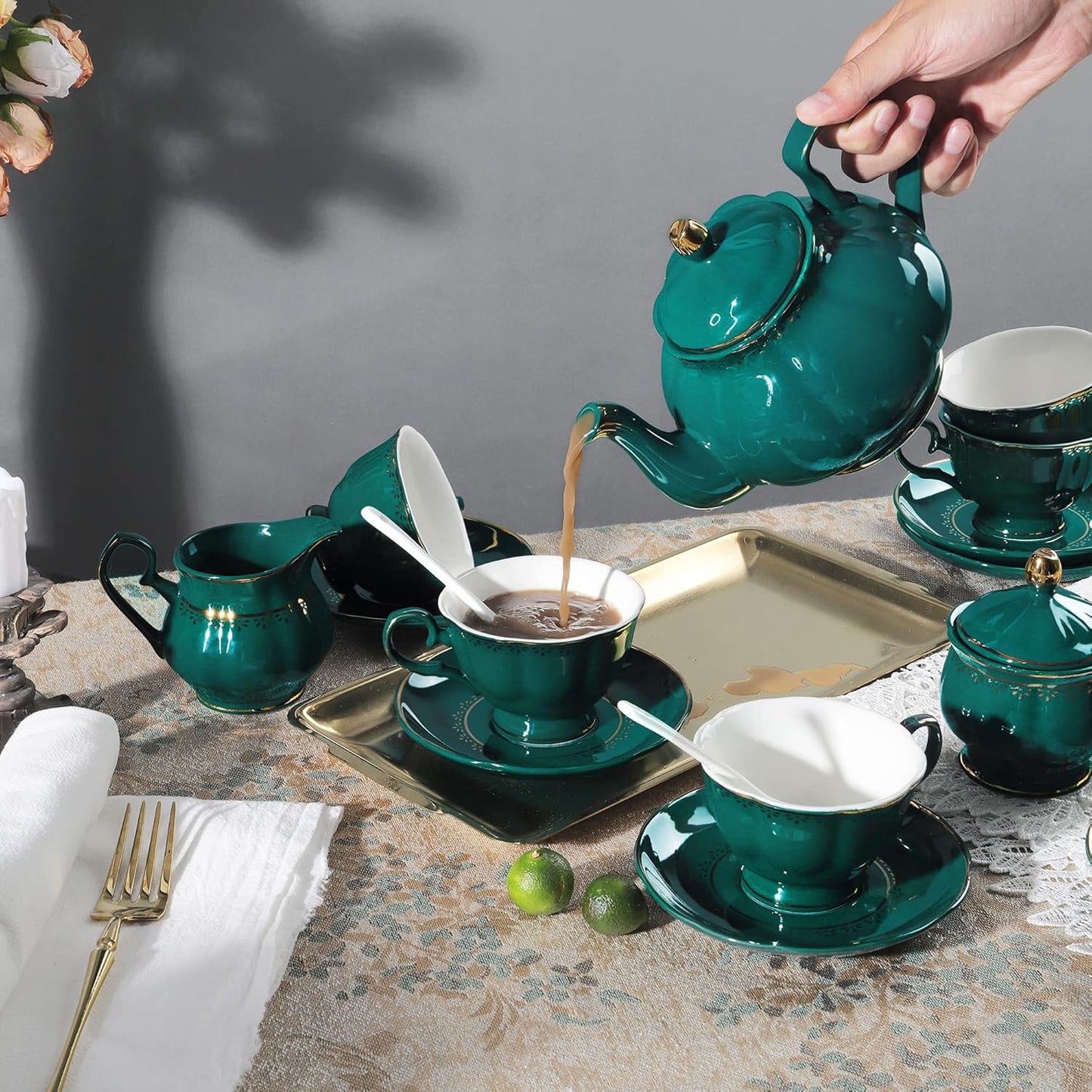fanquare 21 Piece Vintage Porcelain Tea Set, Green with Gold Trim Fine China Tea Sets for Party, Teapot with Tea Cup and Saucers Set for 6, Christmas Gifts