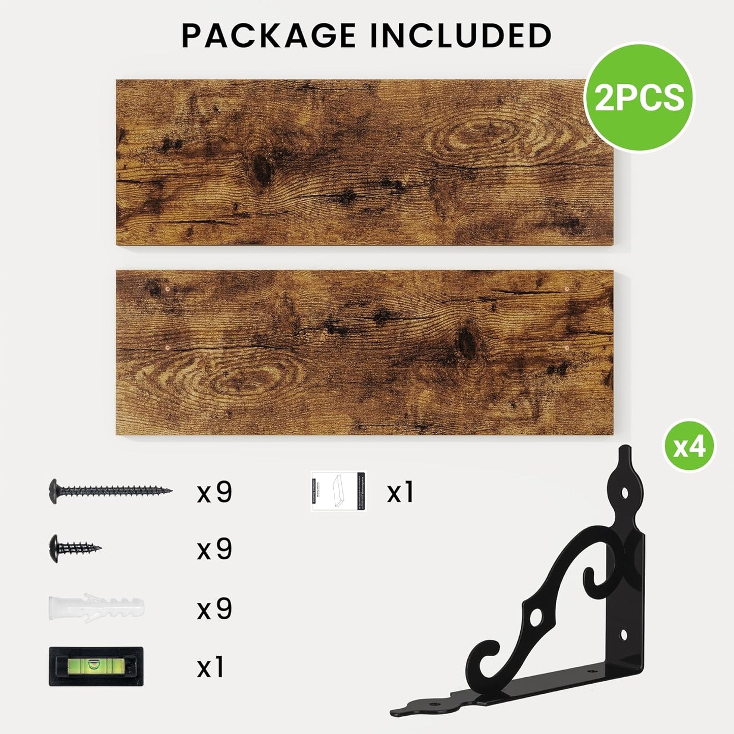 RICHFOCUS Floating Shelves for Wall Decor, 24Inch Wall Shelves Set of 2, 24W x 8D Floating Shelves Wall Mounted with Metal Brackets, Rustic Wood Shelves for Living Room Bedroom Kitchen, Rustic Brown