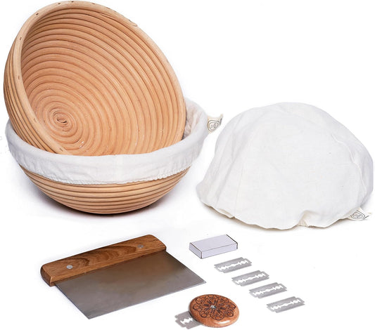Banneton Proofing Basket Set – 2 Round 9 Inch Unbleached Rattan Baskets with Linen Liners, UFO Bread Lame (4 Blades), Dough Scraper – Sourdough Bread Baking Kit