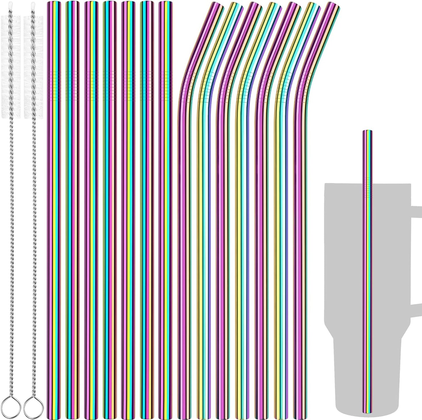 Tomorotec 11 Inch Stainless Steel Reusable Drinking Straws 14PCS & 2 Cleaning Brushes Set with Curved & Straight Designs, Compatible with 30oz Stanley Tumblers, Dishwasher Safe, BPA-Free (Metallic)