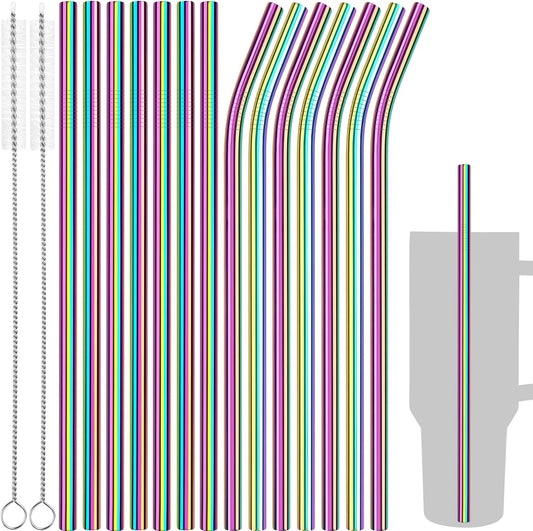 Tomorotec 11 Inch Stainless Steel Reusable Drinking Straws 14PCS & 2 Cleaning Brushes Set with Curved & Straight Designs, Compatible with 30oz Stanley Tumblers, Dishwasher Safe, BPA-Free (Metallic)