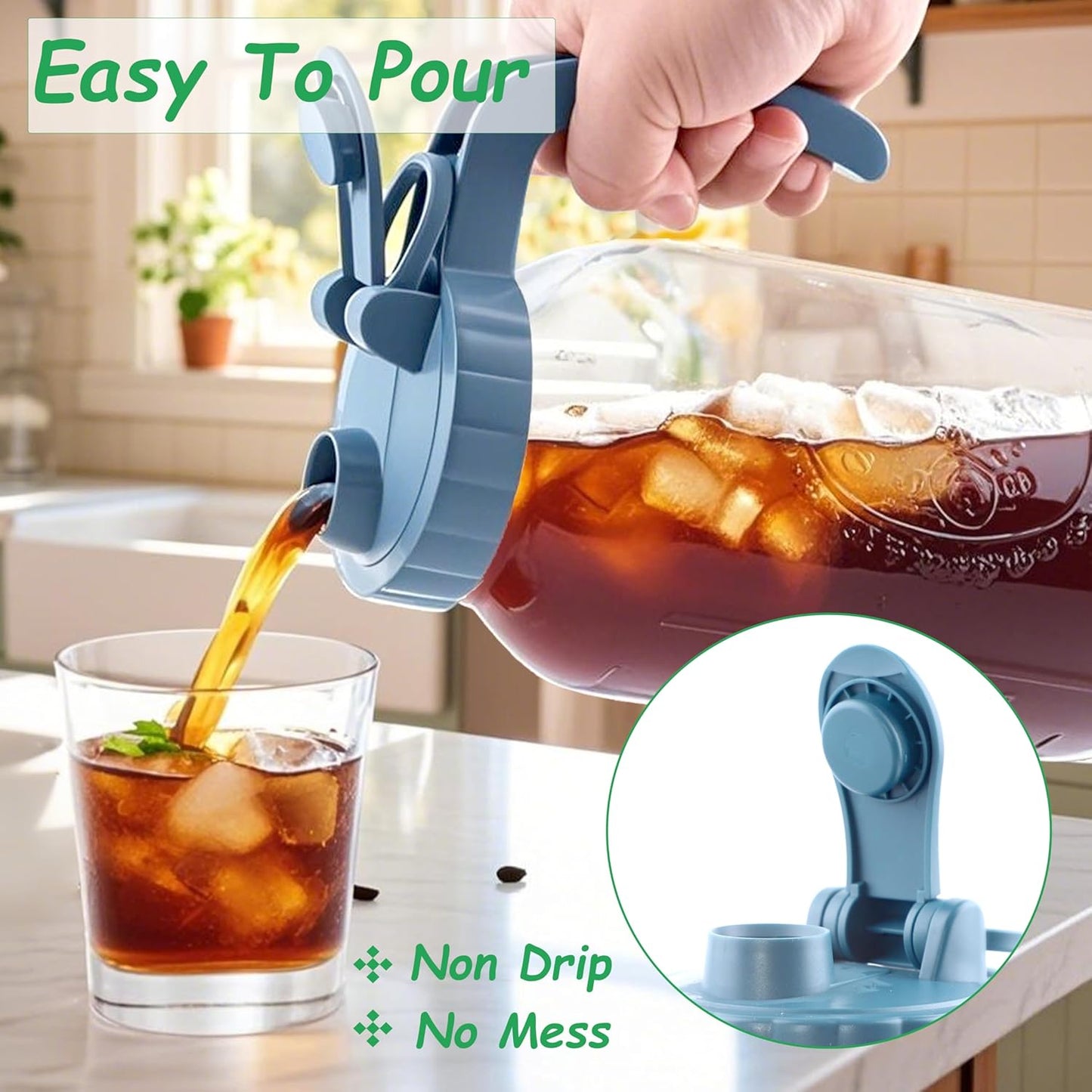 Mason Jar Pitcher With Stainless Steel Filter 64 OZ 2 Pack Wide Mouth Cold Brew Coffee Maker 2 Quart Glass water pitcher with lid Half Gallon Cold hot Tea maker For Lemonade Milk Juice Refrigerator