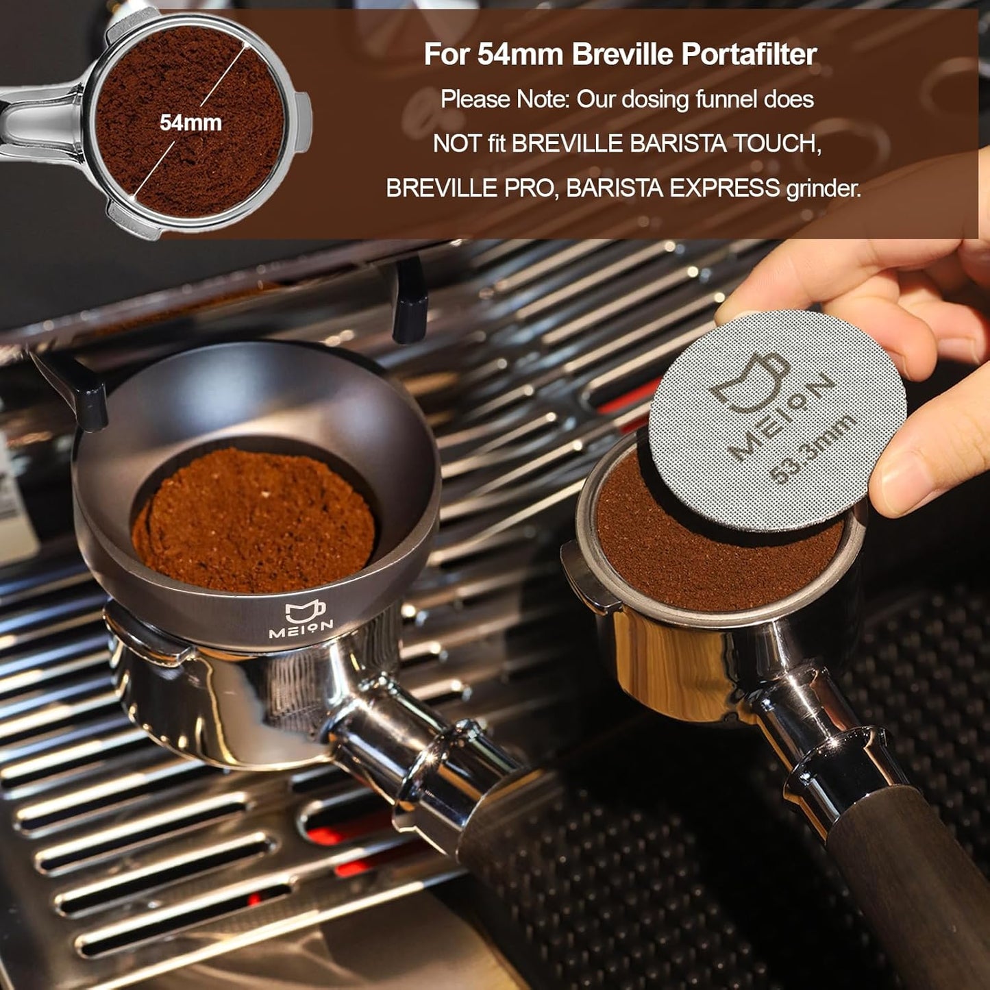 MEION 54mm Espresso Dosing Funnel and Puck Screen Set for 54mm Breville Portafilters, Magnetic Coffee Funnel, Reusable 53.3mm Espresso Puck Screen, Espresso Tools Espresso Accessories (Silver, 54mm)