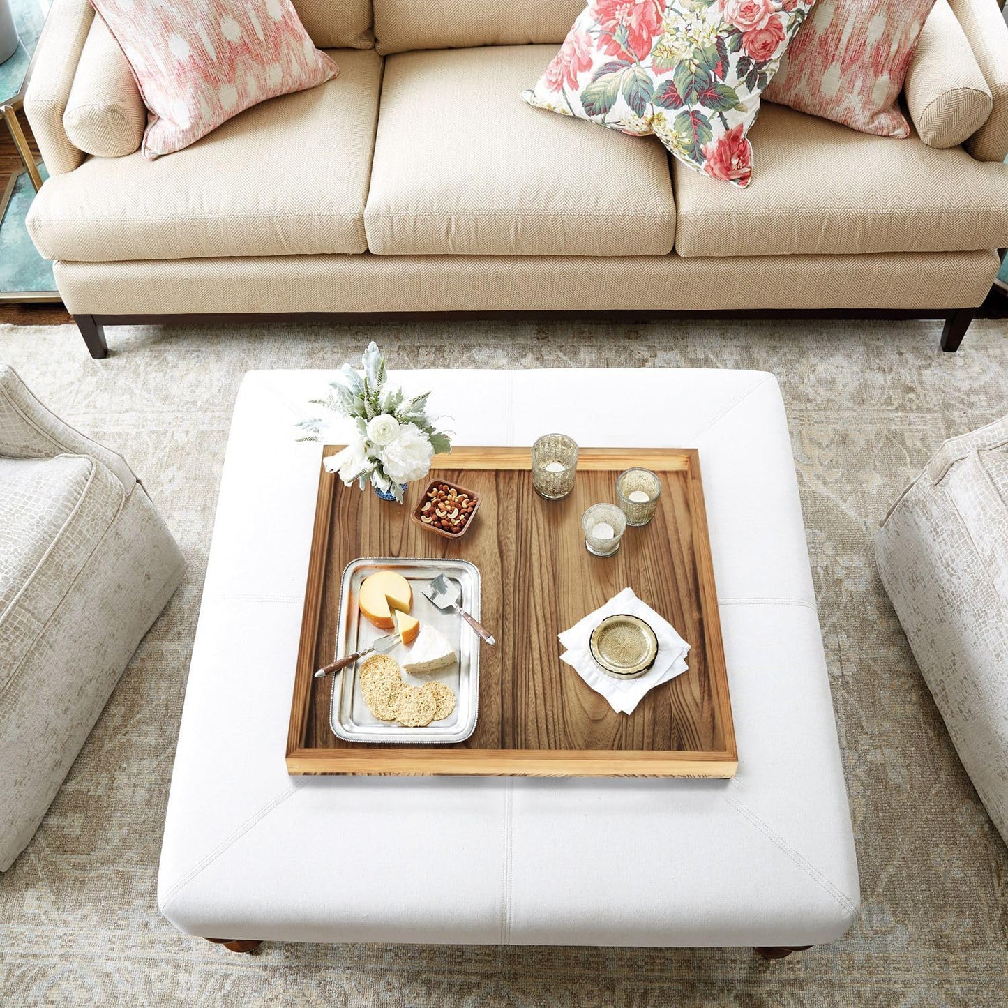 Square Ottoman Table Tray 24" - Rustic Wooden Serving Tray for Farmhouse Decorative Oversized Coffee Table Trays Living Room Kitchen Counter Breakfast Nature