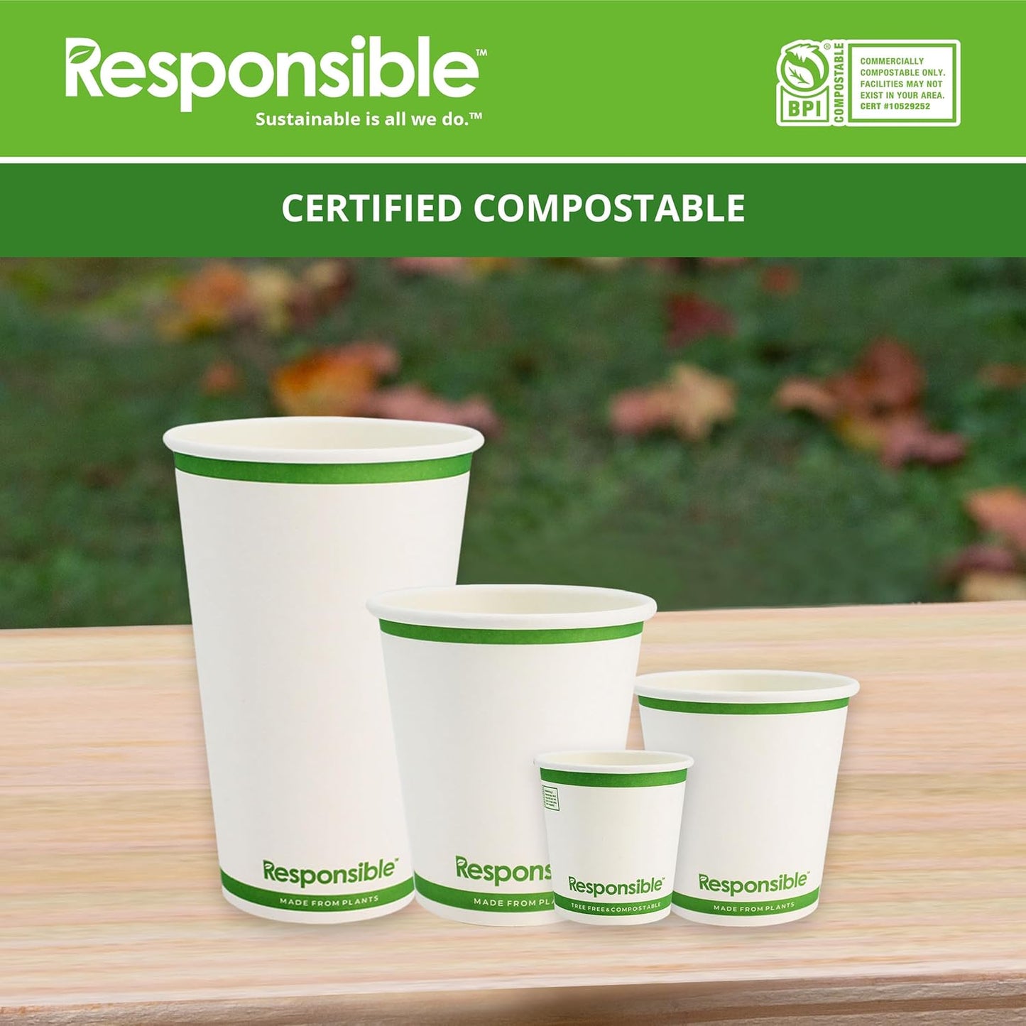 Certified Compostable 10 oz Paper Cups, Cold ＆ Hot Coffee Cups, Disposable Paper Cups, Extra Strength Disposable Cups, Made without PFAS (50 count)