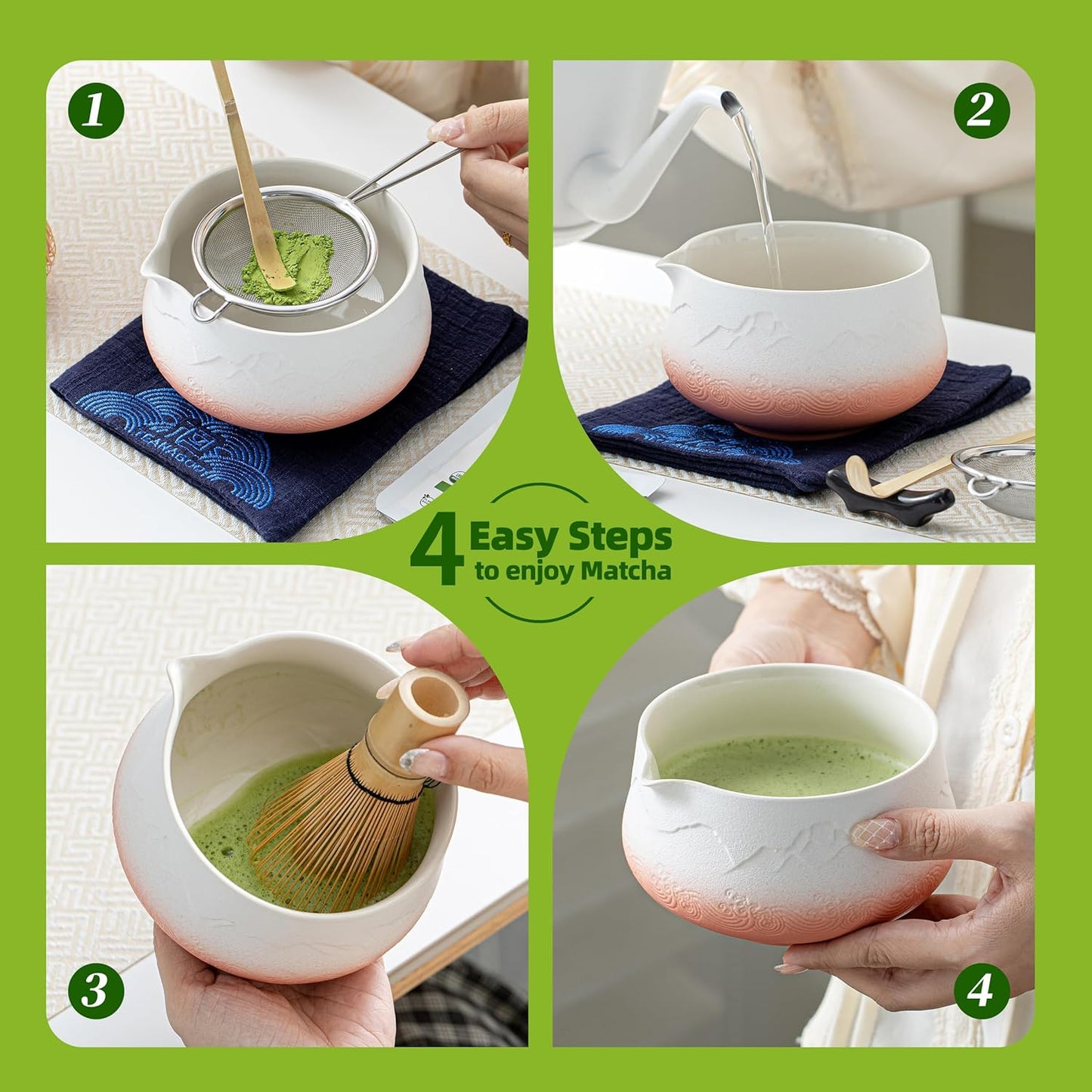 TEANAGOO 7 Pcs Matcha Whisk Set,Pink Matcha Set, Matcha Kit for Ceremony, Matcha Tea Set for Making Breakfast/Latte, Matcha Whisk and Pink Bowl with Scoop&Sifter, Gift for Matcha Lover