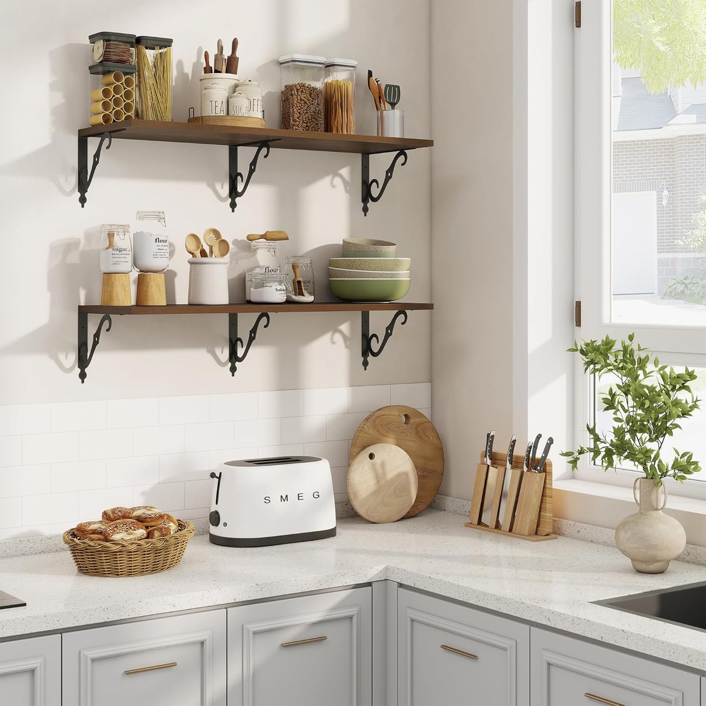 RICHFOCUS 12 Inch Deep Floating Shelves for Wall, 36" W x 12" D Wood Wall Shelves Set of 2, Wide Floating Shelves for Living Room, Bedroom, Kitchen, Bathroom and Decor Storage, Walnut