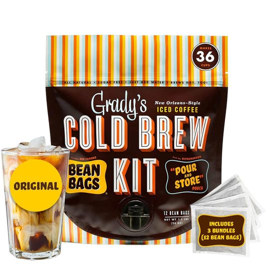 GRADY’S COLD BREW, New Orleans Style, 100% Arabica Ground Coffee & Chicory Pouches, All-in-One Cold Brew Kit with 12 Easy-to-Brew Beans Bags, Makes 36 drinks