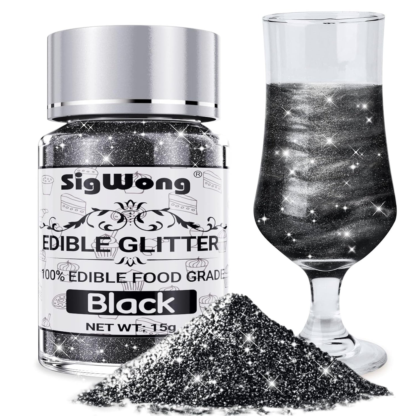 Black Edible Glitter - 15g Food Grade Luster Dust Powder, Cake Decorating Sprinkle Glimmery Dust for Drinks, Wine, Fondant, Chocolate, Candy, Cookie, Vegan