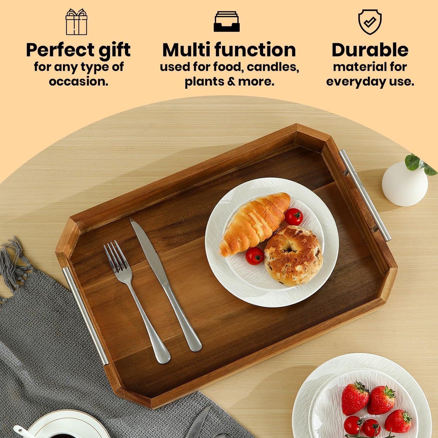 Wooden Serving Tray with Handles – Premium Acacia Wood Tray for Couch, Coffee Table, Ottoman, or Bar – Rustic Walnut & Dark Wood Serving for Drinks, Snacks, Breakfast, and Meal